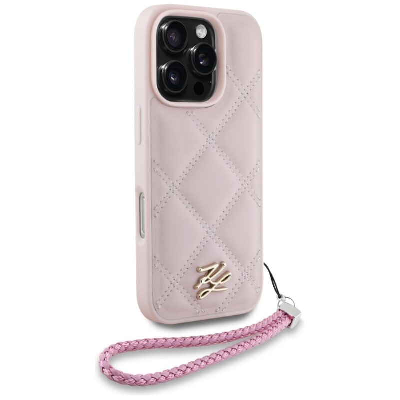 Husa iPhone 16 Pro Max Karl Lagerfeld Quilted Initial Logo & Chain Strap, roz, KLHCP16XPSQSKLSMSP