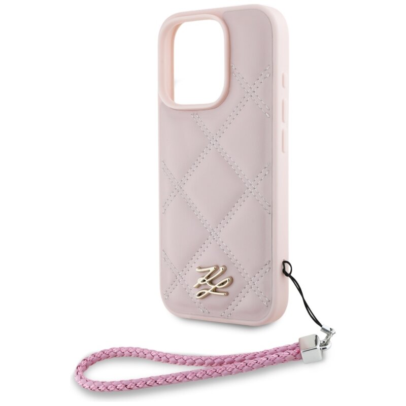Husa iPhone 16 Pro Max Karl Lagerfeld Quilted Initial Logo & Chain Strap, roz, KLHCP16XPSQSKLSMSP