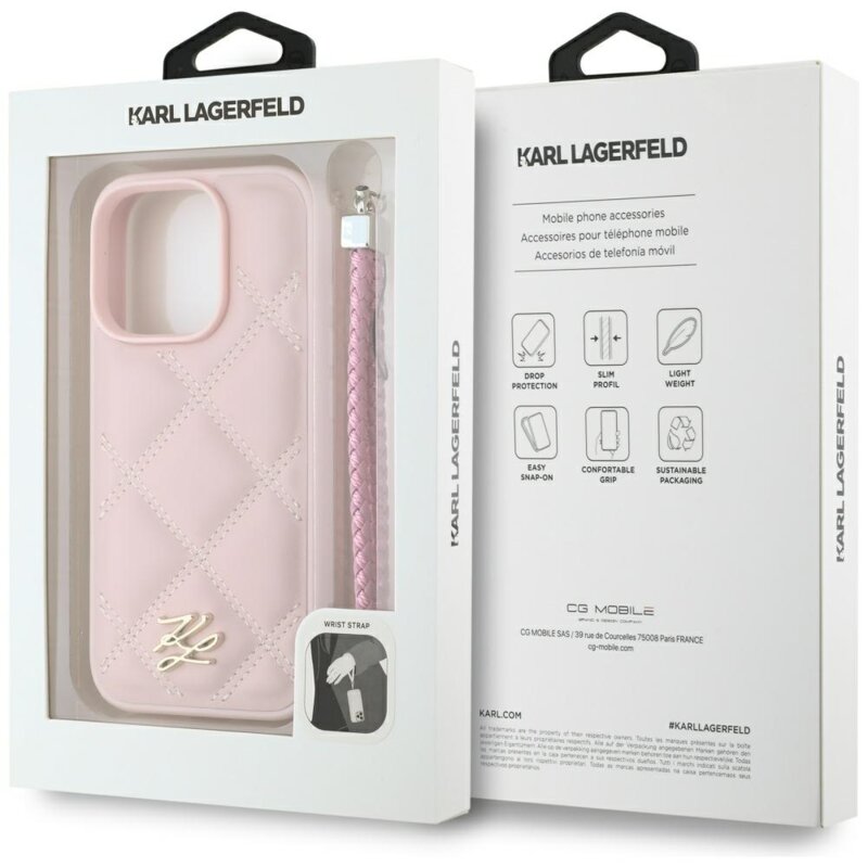Husa iPhone 16 Pro Max Karl Lagerfeld Quilted Initial Logo & Chain Strap, roz, KLHCP16XPSQSKLSMSP