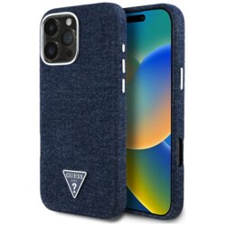 Husa iPhone 16 Pro Max Guess Denim Triangle Logo MagSafe, albastru, GUHMP16XRJFWTLB