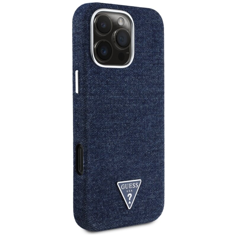 Husa iPhone 16 Pro Max Guess Denim Triangle Logo MagSafe, albastru, GUHMP16XRJFWTLB