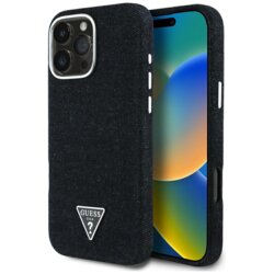 Husa iPhone 16 Pro Max Guess Denim Triangle Logo MagSafe, negru, GUHMP16XRJFWTLK