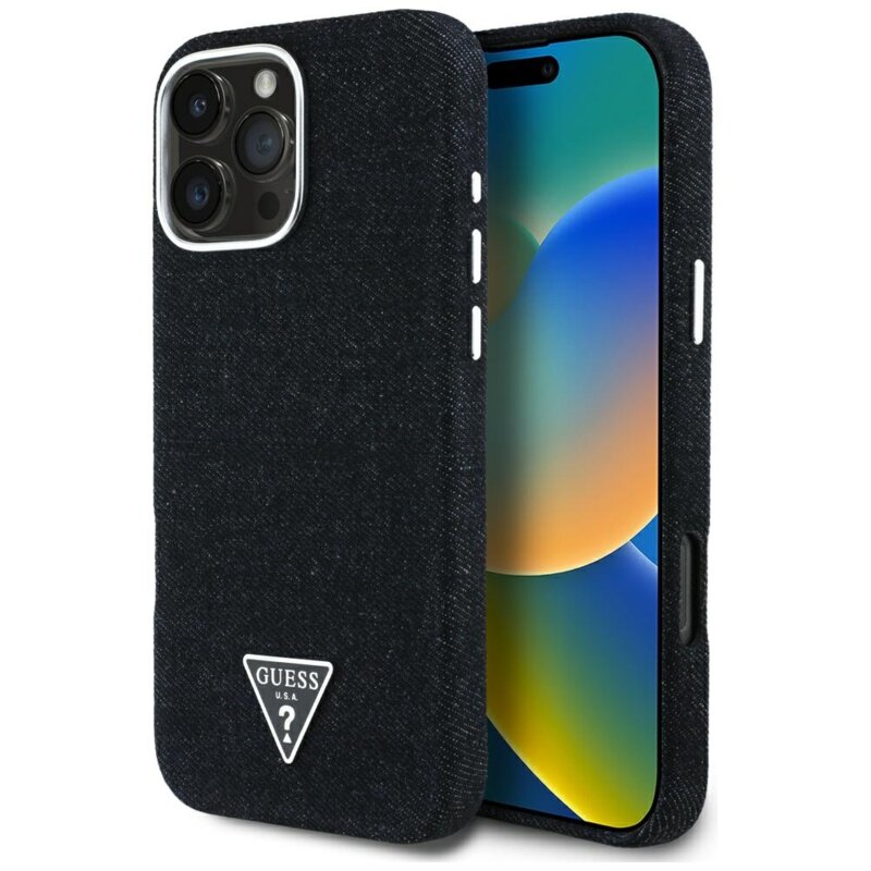 Husa iPhone 16 Pro Max Guess Denim Triangle Logo MagSafe, negru, GUHMP16XRJFWTLK