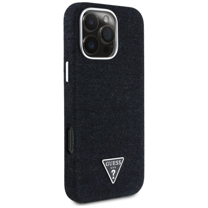 Husa iPhone 16 Pro Max Guess Denim Triangle Logo MagSafe, negru, GUHMP16XRJFWTLK