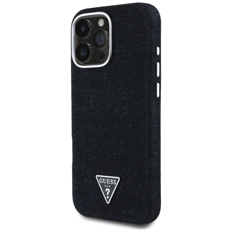 Husa iPhone 16 Pro Max Guess Denim Triangle Logo MagSafe, negru, GUHMP16XRJFWTLK