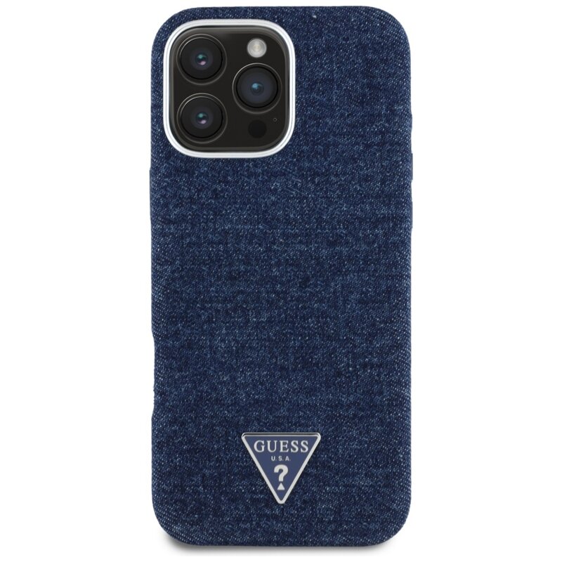 Husa iPhone 16 Pro Guess Denim Triangle Logo MagSafe, albastru, GUHMP16LRJFWTLB