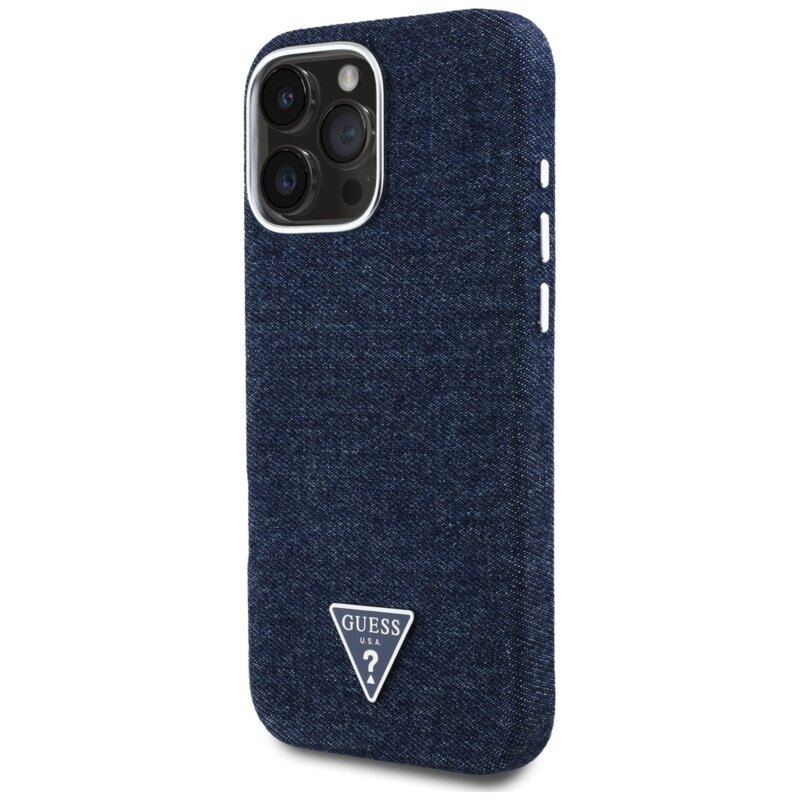 Husa iPhone 16 Pro Guess Denim Triangle Logo MagSafe, albastru, GUHMP16LRJFWTLB