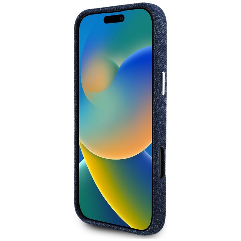 Husa iPhone 16 Pro Guess Denim Triangle Logo MagSafe, albastru, GUHMP16LRJFWTLB