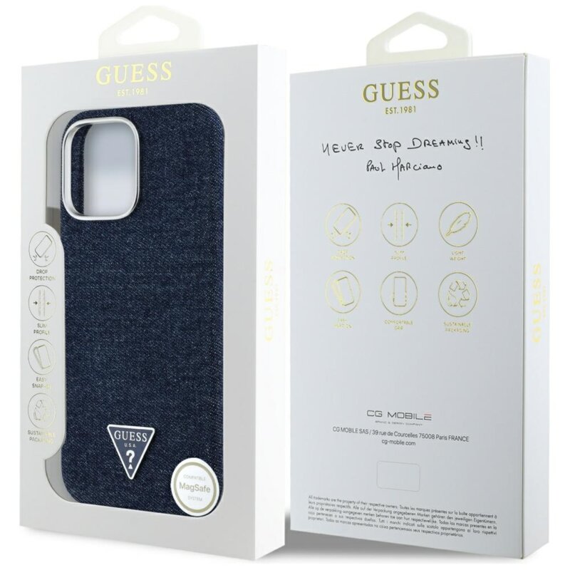 Husa iPhone 16 Pro Guess Denim Triangle Logo MagSafe, albastru, GUHMP16LRJFWTLB