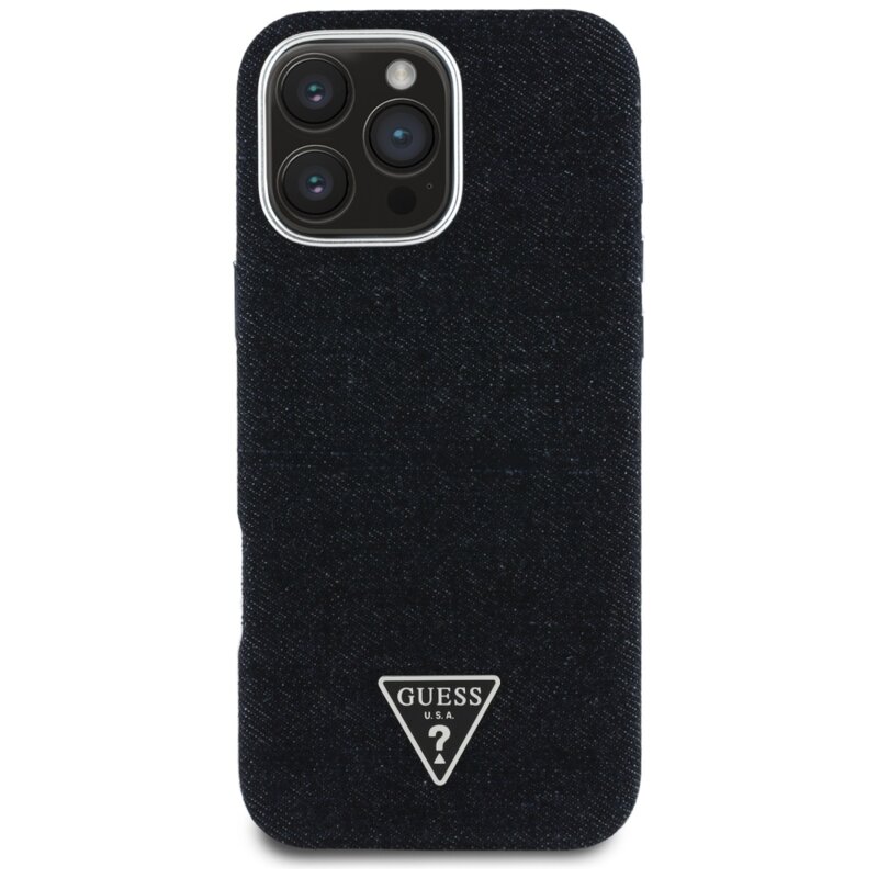 Husa iPhone 16 Pro Guess Denim Triangle Logo MagSafe, negru, GUHMP16LRJFWTLK