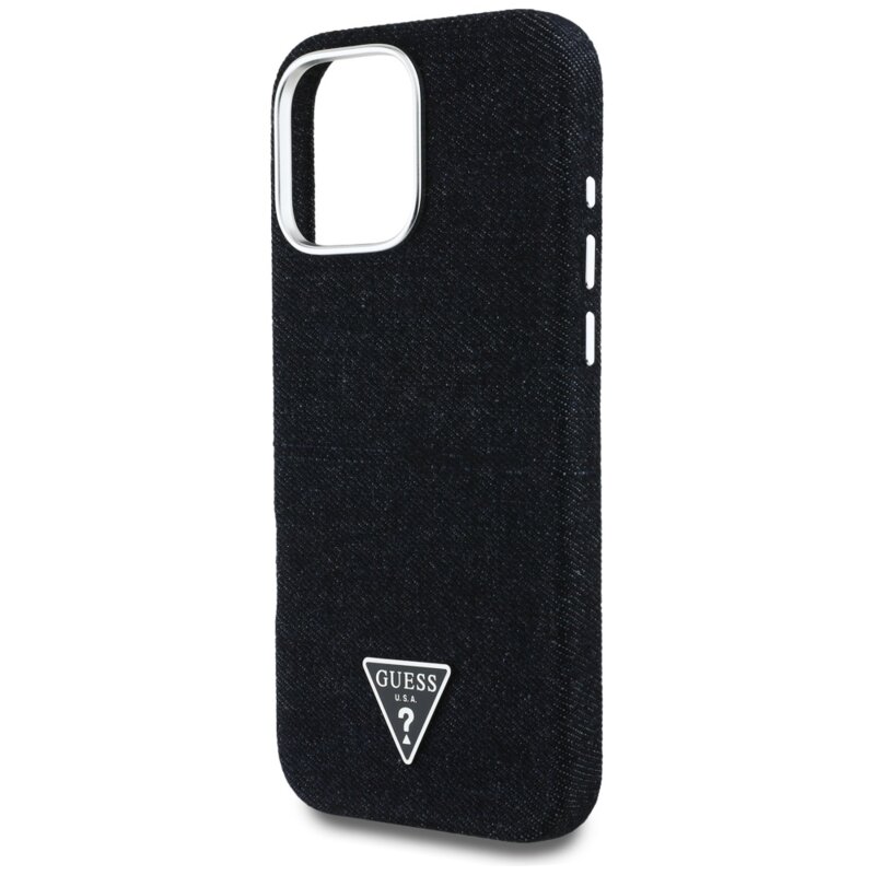 Husa iPhone 16 Pro Guess Denim Triangle Logo MagSafe, negru, GUHMP16LRJFWTLK