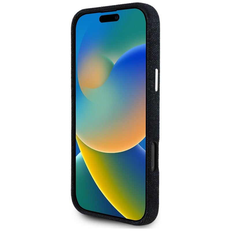 Husa iPhone 16 Pro Guess Denim Triangle Logo MagSafe, negru, GUHMP16LRJFWTLK