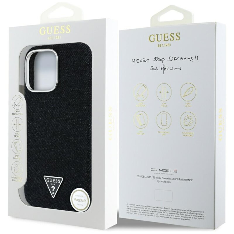 Husa iPhone 16 Pro Guess Denim Triangle Logo MagSafe, negru, GUHMP16LRJFWTLK
