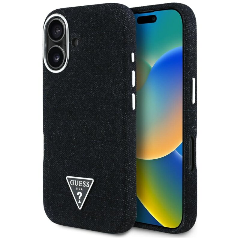 Husa iPhone 16 Guess Denim Triangle Logo MagSafe, negru, GUHMP16SRJFWTLK