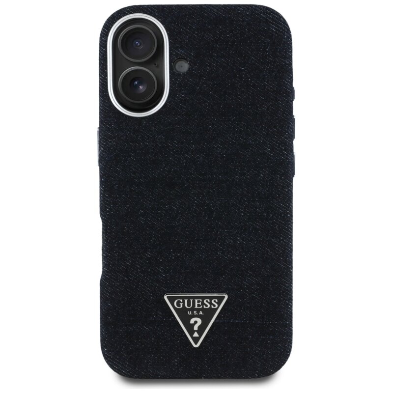 Husa iPhone 16 Guess Denim Triangle Logo MagSafe, negru, GUHMP16SRJFWTLK