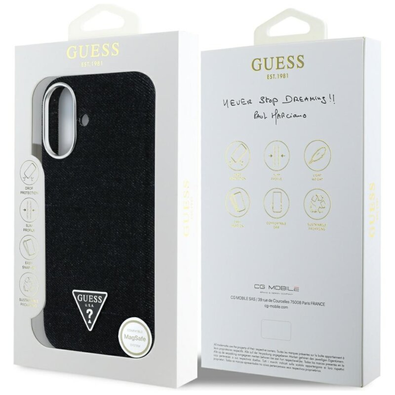 Husa iPhone 16 Guess Denim Triangle Logo MagSafe, negru, GUHMP16SRJFWTLK