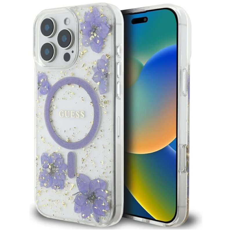 Husa originala Guess iPhone 16 Pro Max Hardcase Resin Flowers and Glitter MagSafe, mov, GUHMP16XRBFGFGMU
