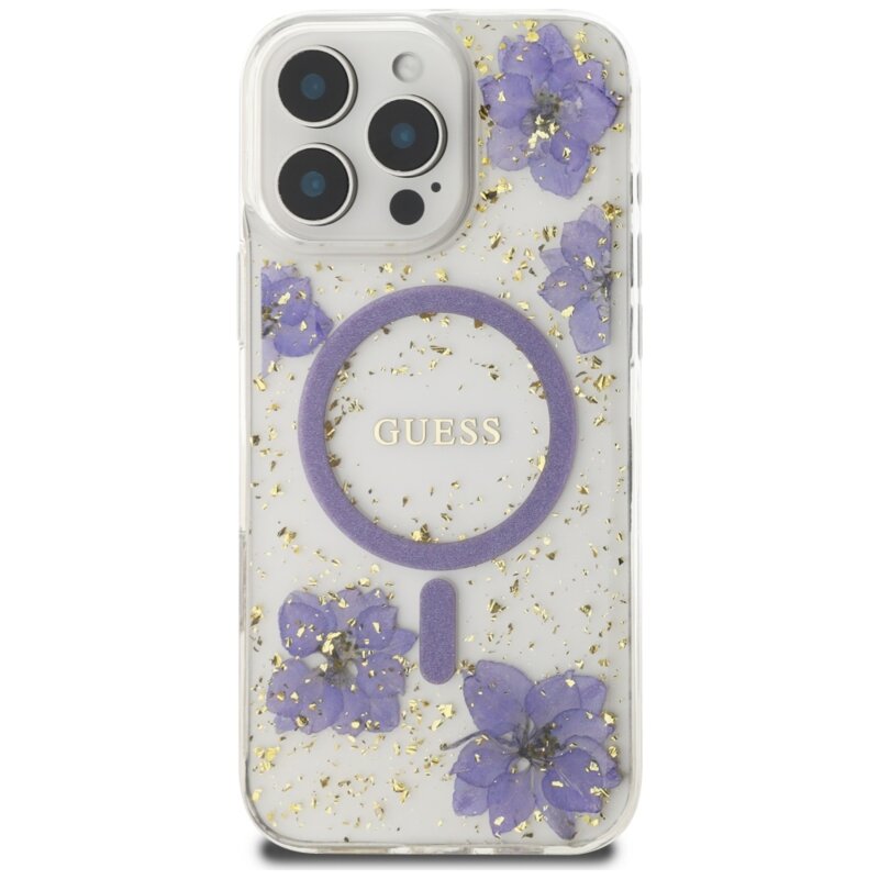 Husa originala Guess iPhone 16 Pro Max Hardcase Resin Flowers and Glitter MagSafe, mov, GUHMP16XRBFGFGMU