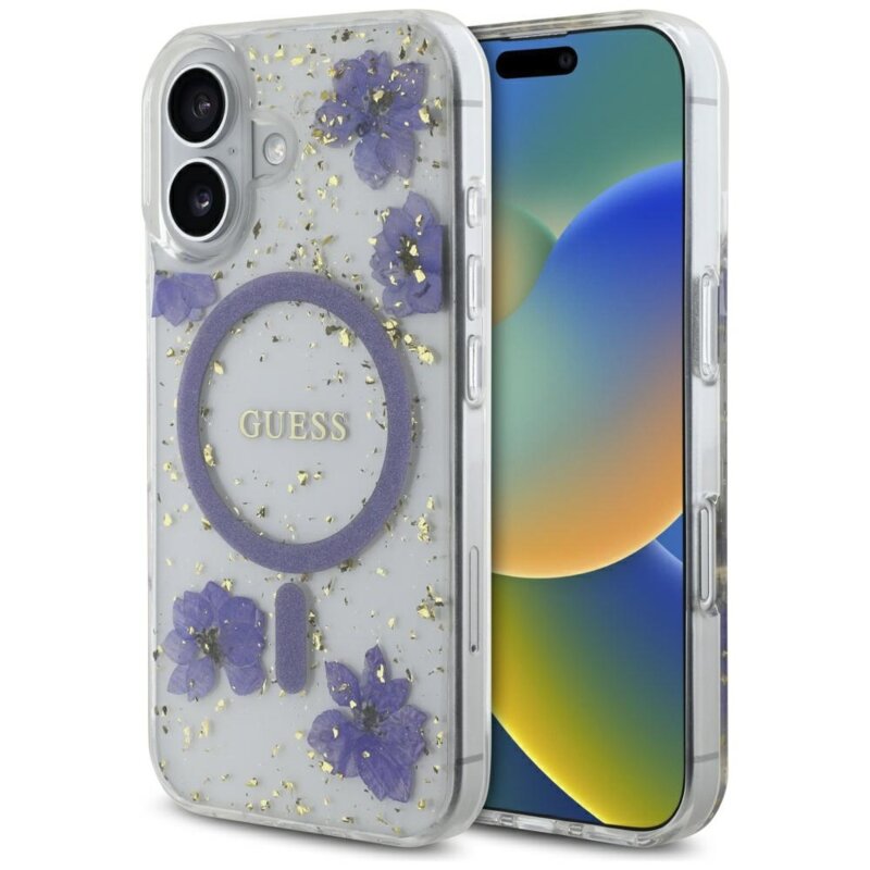 Husa originala Guess iPhone 16 Hardcase Resin Flowers and Glitter MagSafe, mov, GUHMP16SRBFGFGMU