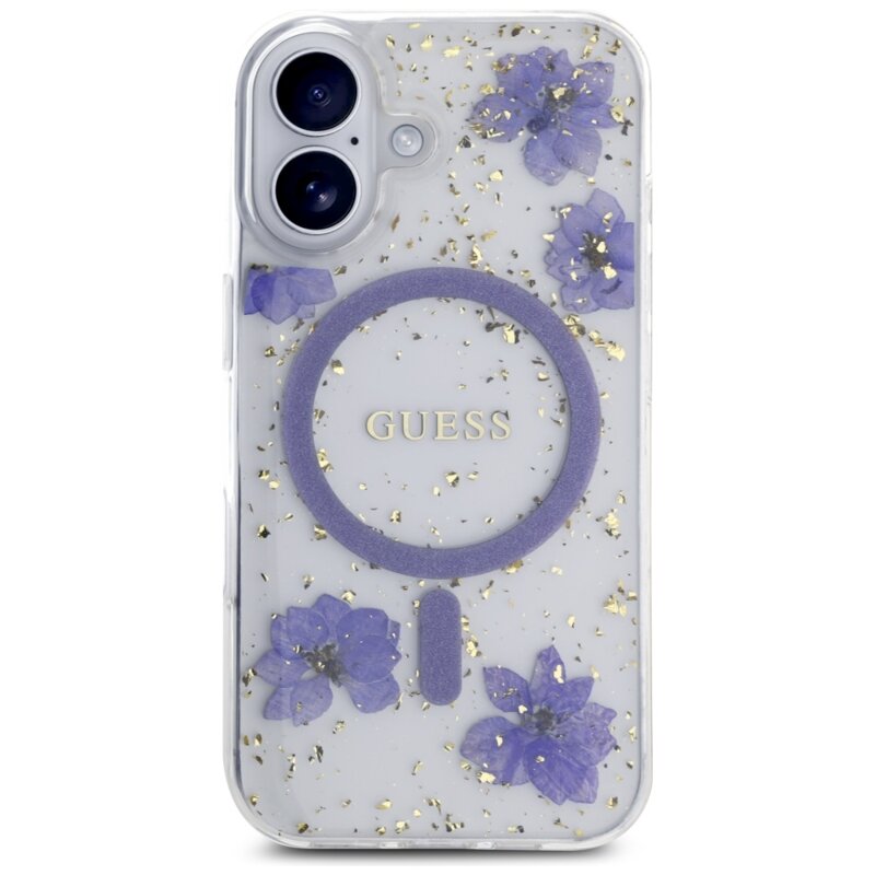 Husa originala Guess iPhone 16 Hardcase Resin Flowers and Glitter MagSafe, mov, GUHMP16SRBFGFGMU