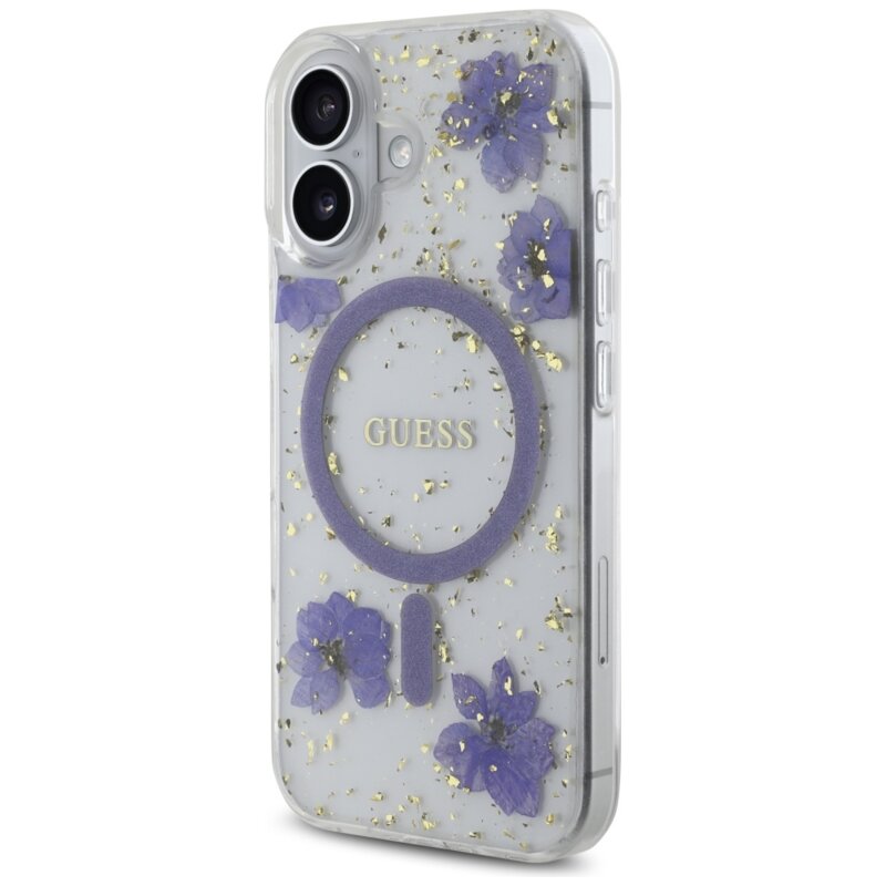 Husa originala Guess iPhone 16 Hardcase Resin Flowers and Glitter MagSafe, mov, GUHMP16SRBFGFGMU