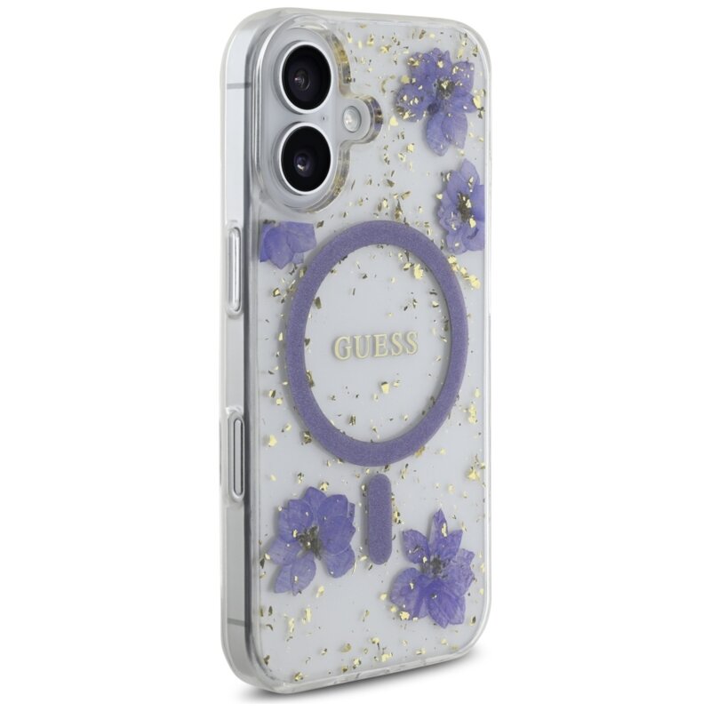 Husa originala Guess iPhone 16 Hardcase Resin Flowers and Glitter MagSafe, mov, GUHMP16SRBFGFGMU