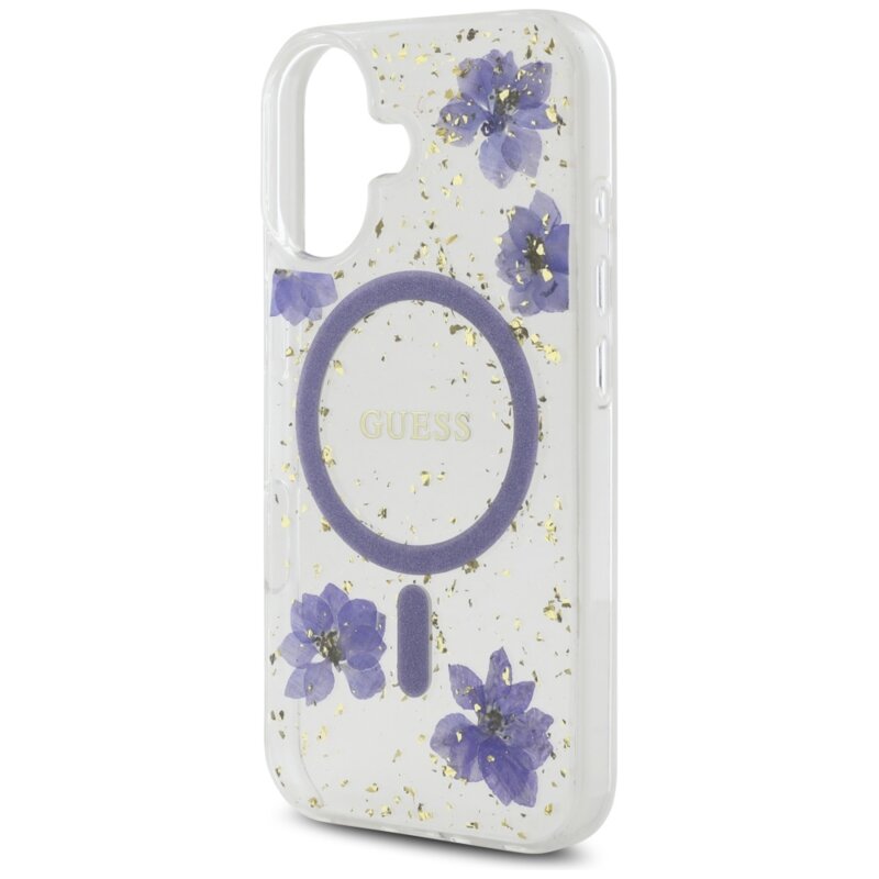Husa originala Guess iPhone 16 Hardcase Resin Flowers and Glitter MagSafe, mov, GUHMP16SRBFGFGMU