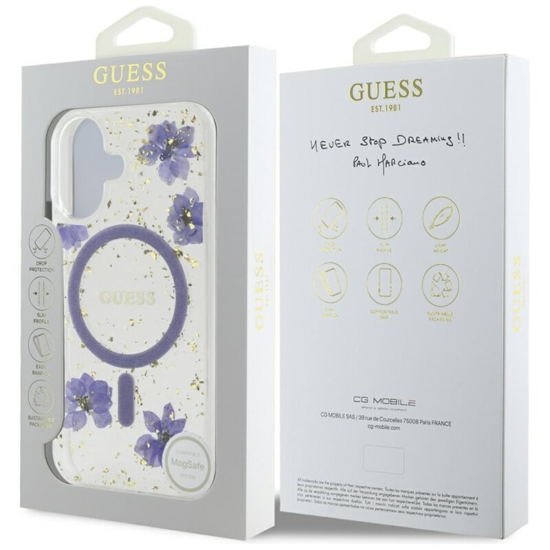 Husa originala Guess iPhone 16 Hardcase Resin Flowers and Glitter MagSafe, mov, GUHMP16SRBFGFGMU