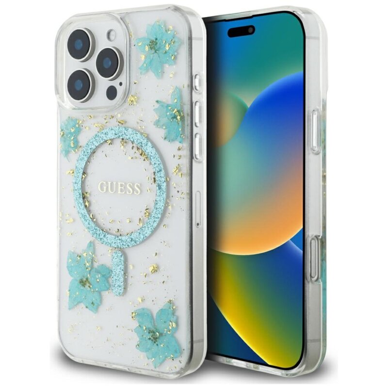 Husa originala Guess iPhone 16 Pro Max  Hardcase Resin Flowers and Glitter MagSafe, turcoaz, GUHMP16XRBFGFGMQ