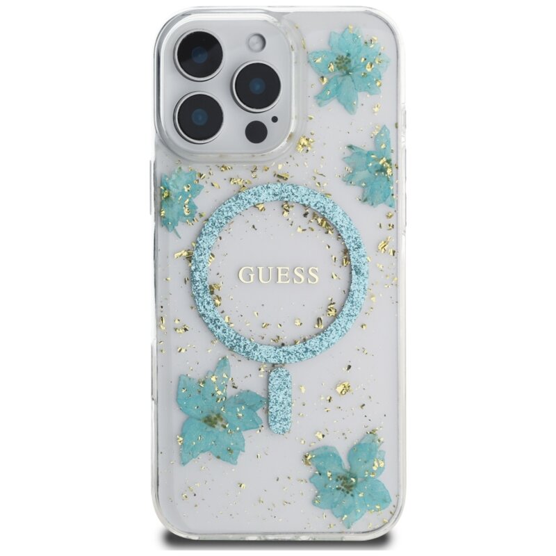 Husa originala Guess iPhone 16 Pro Max  Hardcase Resin Flowers and Glitter MagSafe, turcoaz, GUHMP16XRBFGFGMQ