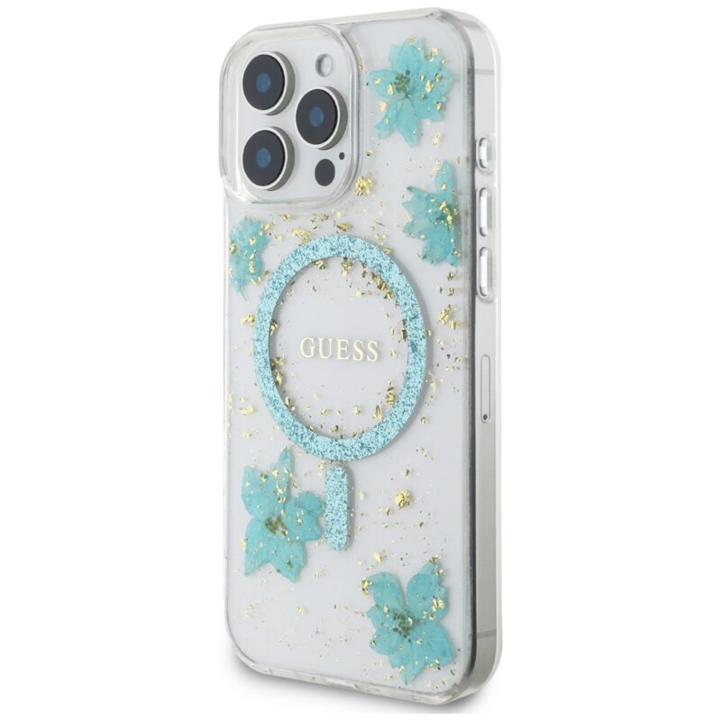 Husa originala Guess iPhone 16 Pro Max Resin Flowers and Glitter MagSafe, turcoaz, GUHMP16XRBFGFGMQ