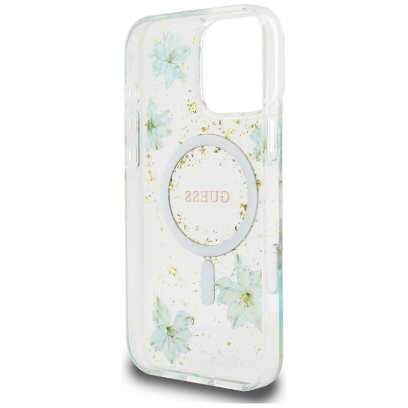 Husa originala Guess iPhone 16 Pro Max Resin Flowers and Glitter MagSafe, turcoaz, GUHMP16XRBFGFGMQ