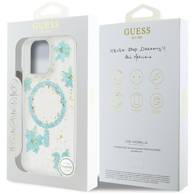 Husa originala Guess iPhone 16 Pro Max Resin Flowers and Glitter MagSafe, turcoaz, GUHMP16XRBFGFGMQ