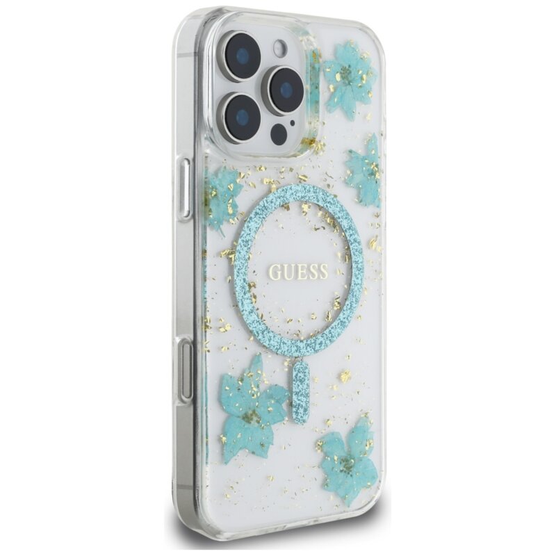 Husa originala Guess iPhone 16 Pro  Hardcase Resin Flowers and Glitter MagSafe, turcoaz, GUHMP16LRBFGFGMQ