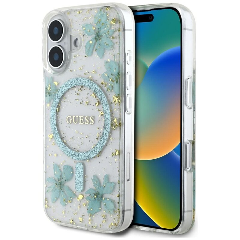 Husa originala Guess iPhone 16  Hardcase Resin Flowers and Glitter MagSafe, turcoaz, GUHMP16SRBFGFGMQ