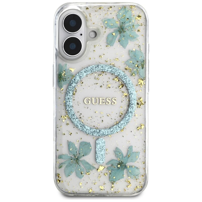 Husa originala Guess iPhone 16  Hardcase Resin Flowers and Glitter MagSafe, turcoaz, GUHMP16SRBFGFGMQ