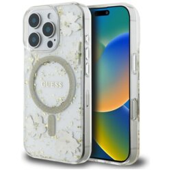 Husa originala Guess iPhone 16 Pro Max  Hardcase Resin Flowers and Glitter MagSafe, bej, GUHMP16XRBFGFGME
