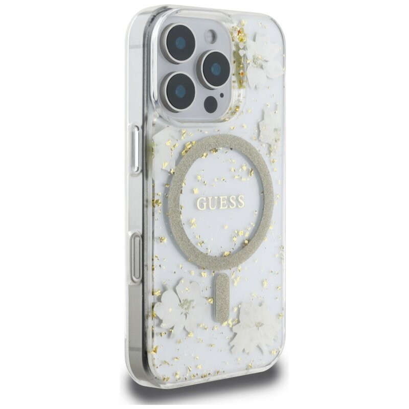 Husa originala Guess iPhone 16 Pro Max  Hardcase Resin Flowers and Glitter MagSafe, bej, GUHMP16XRBFGFGME