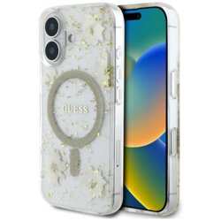 Husa originala Guess iPhone 16  Hardcase Resin Flowers and Glitter MagSafe, bej, GUHMP16SRBFGFGME