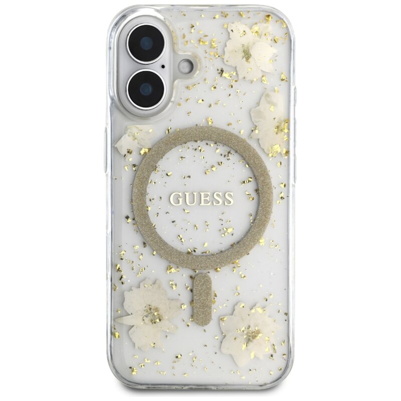 Husa originala Guess iPhone 16  Hardcase Resin Flowers and Glitter MagSafe, bej, GUHMP16SRBFGFGME
