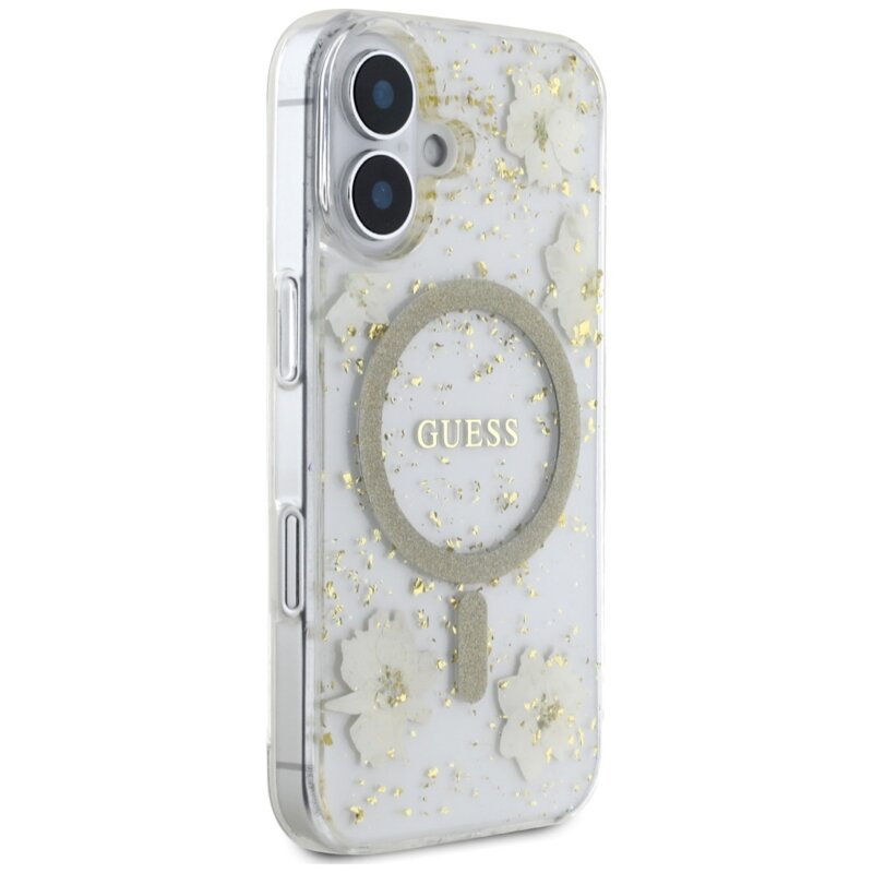 Husa originala Guess iPhone 16  Hardcase Resin Flowers and Glitter MagSafe, bej, GUHMP16SRBFGFGME
