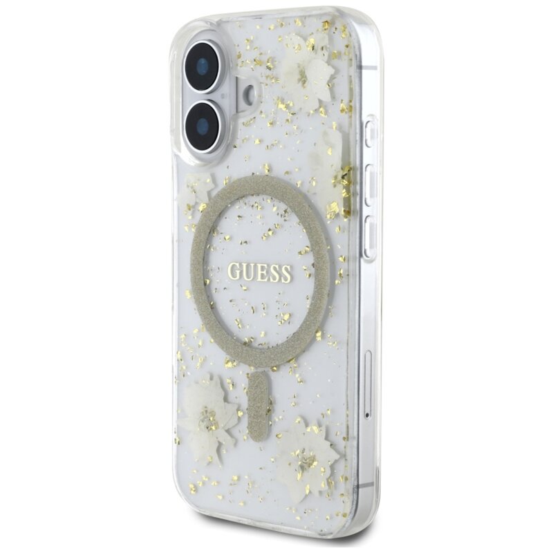 Husa originala Guess iPhone 16  Hardcase Resin Flowers and Glitter MagSafe, bej, GUHMP16SRBFGFGME
