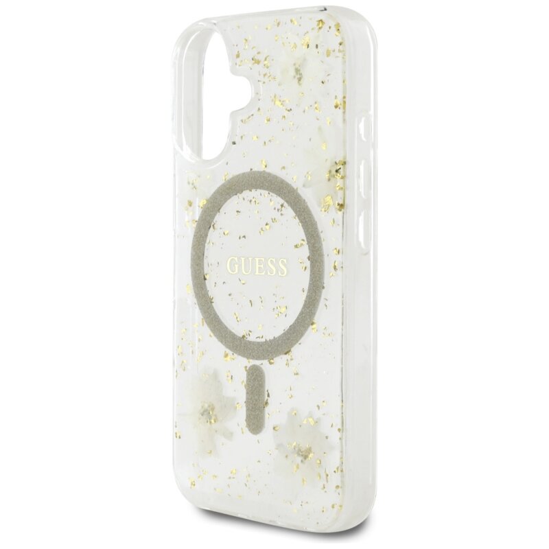 Husa originala Guess iPhone 16  Hardcase Resin Flowers and Glitter MagSafe, bej, GUHMP16SRBFGFGME