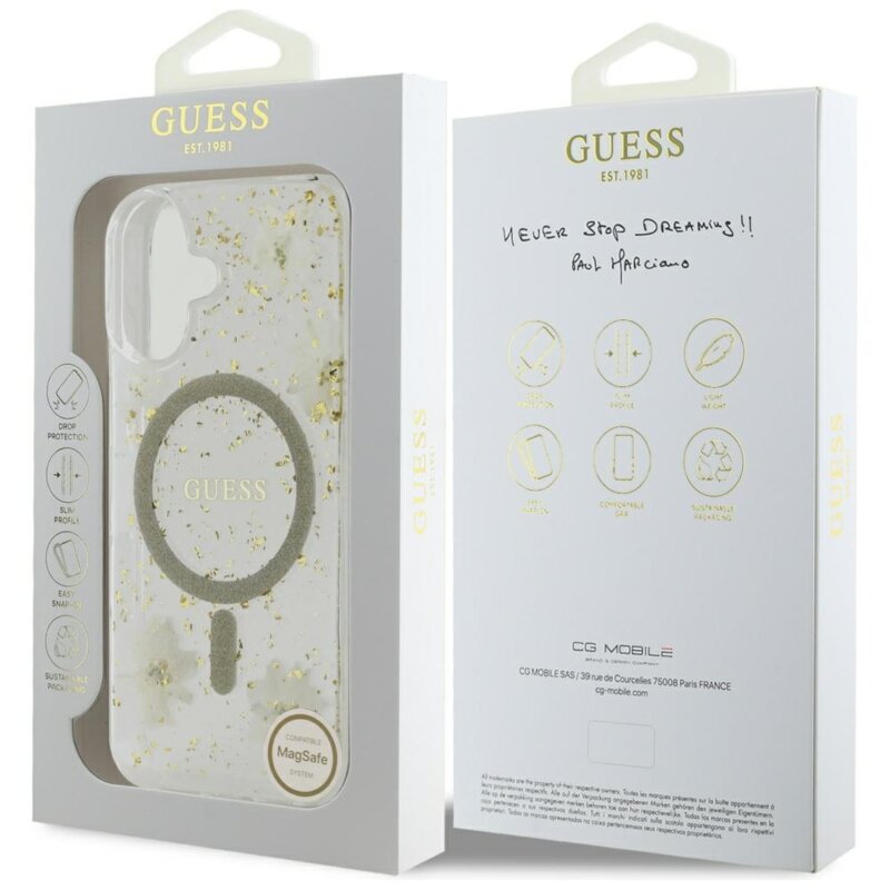 Husa originala Guess iPhone 16  Hardcase Resin Flowers and Glitter MagSafe, bej, GUHMP16SRBFGFGME