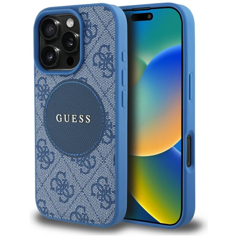 Husa iPhone 16 Pro Max Guess 4G Circle Classic Logo MagSafe, albastru, GUHMP16XP4PGRSGB