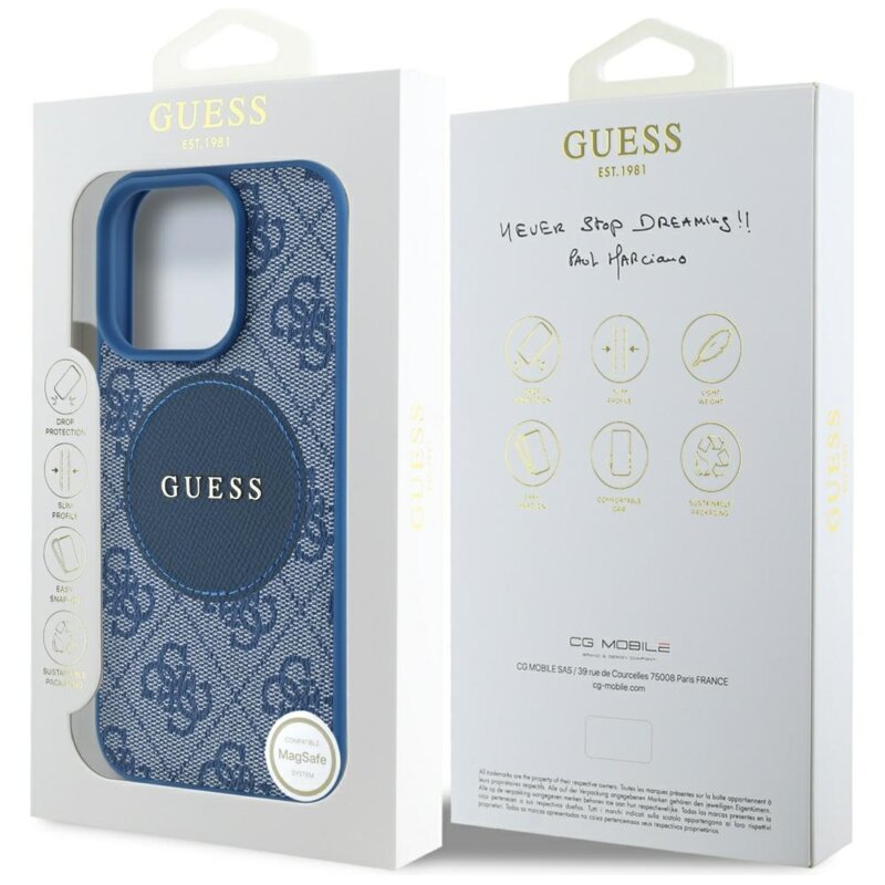 Husa iPhone 16 Pro Guess 4G Circle Classic Logo MagSafe, albastru, GUHMP16LP4PGRSGB