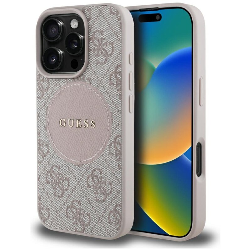 Husa iPhone 16 Pro Guess 4G Circle Classic Logo MagSafe, roz, GUHMP16LP4PGRSGP