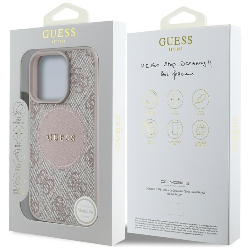 Husa iPhone 16 Pro Guess 4G Circle Classic Logo MagSafe, roz, GUHMP16LP4PGRSGP