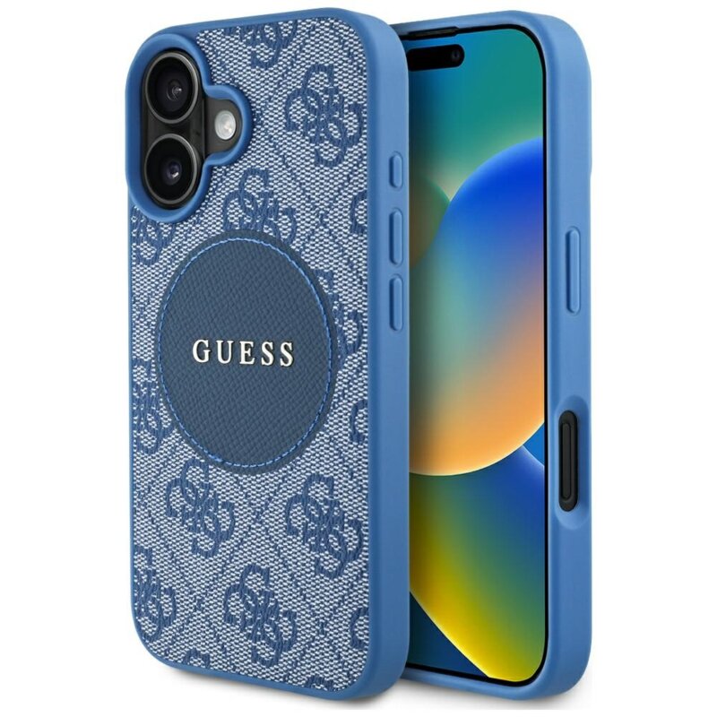 Husa iPhone 16 Guess 4G Circle Classic Logo MagSafe, albastru, GUHMP16SP4PGRSGB