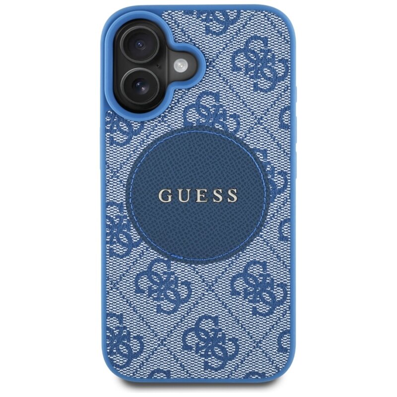 Husa iPhone 16 Guess 4G Circle Classic Logo MagSafe, albastru, GUHMP16SP4PGRSGB
